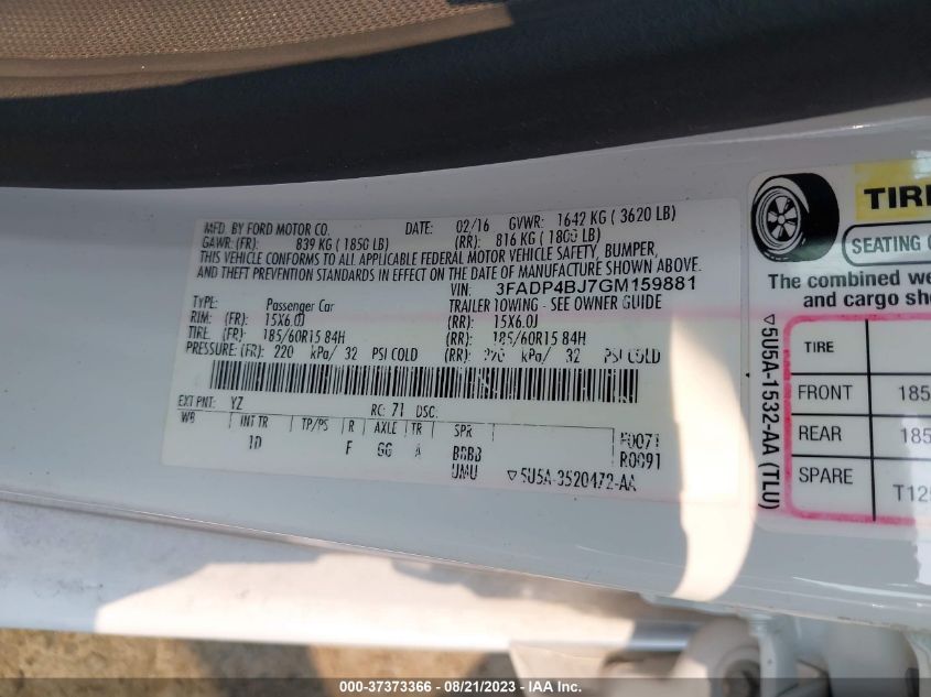 2016 FORD FIESTA SE - 3FADP4BJ7GM159881