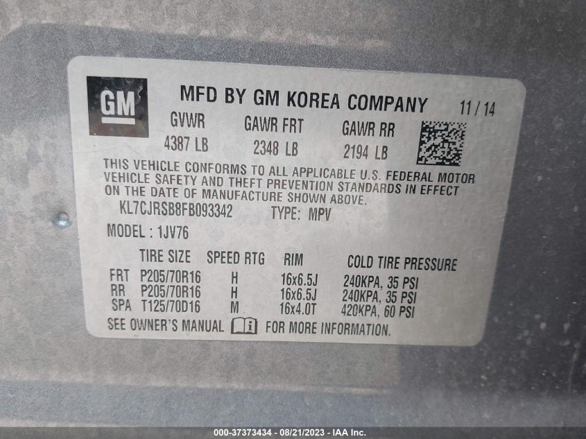 2015 CHEVROLET TRAX LT - KL7CJRSB8FB093342