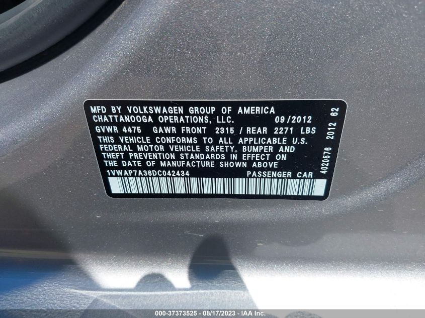 2013 VOLKSWAGEN PASSAT S - 1VWAP7A36DC042434
