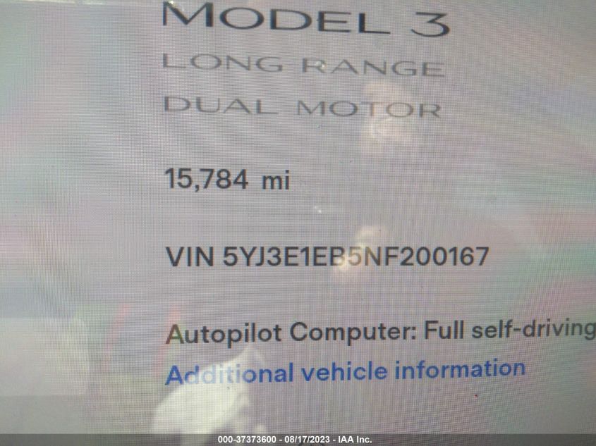 2022 TESLA MODEL 3 LONG RANGE - 5YJ3E1EB5NF200167