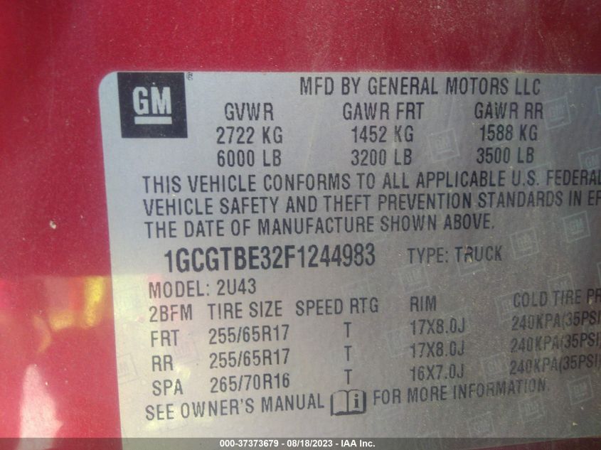 2015 CHEVROLET COLORADO 4WD LT - 1GCGTBE32F1244983