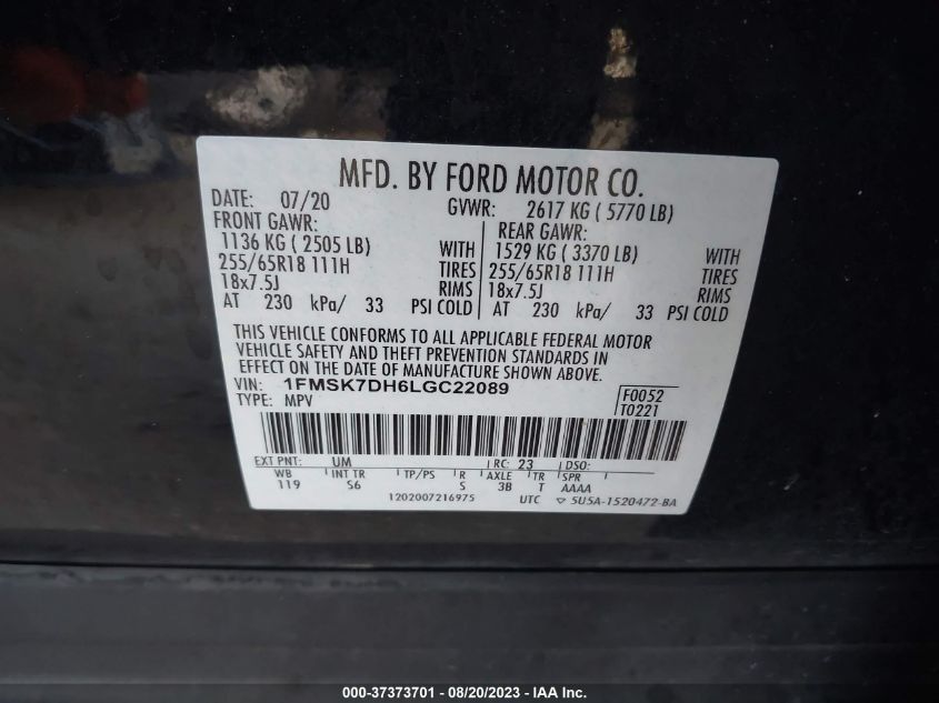 2020 FORD EXPLORER XLT - 1FMSK7DH6LGC22089