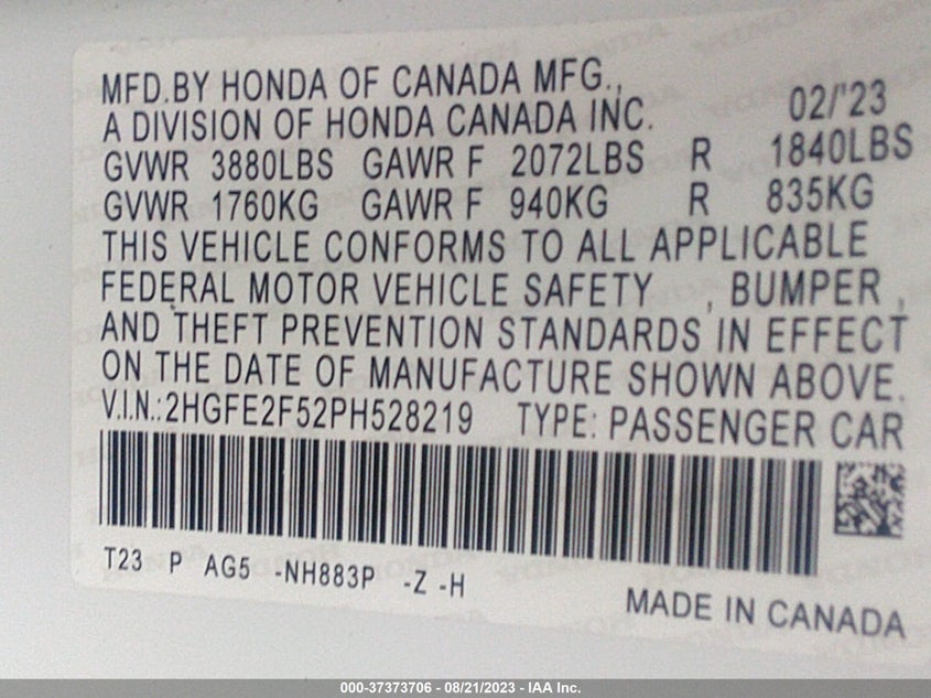 VIN 2HGFE2F52PH528219 2023 HONDA CIVIC SEDAN SPORT