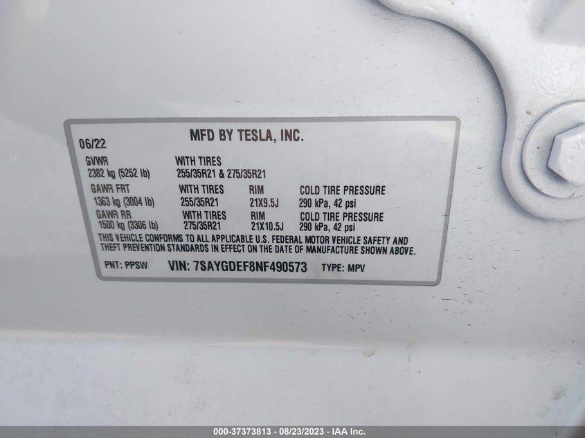 VIN 7SAYGDEF8NF490573 2022 TESLA MODEL Y PERFORMANCE