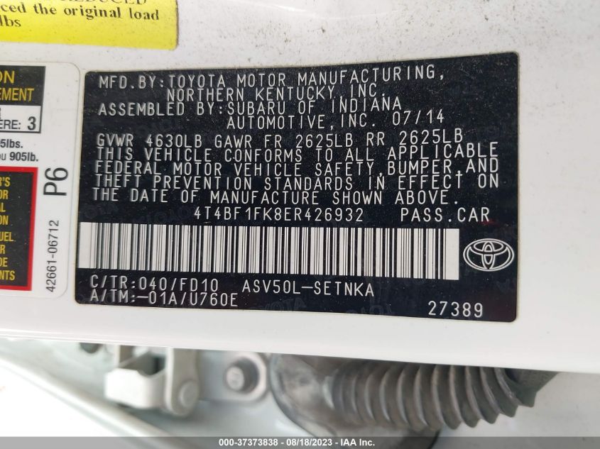 2014 TOYOTA CAMRY L/LE/XLE/SE/SE SPORT - 4T4BF1FK8ER426932