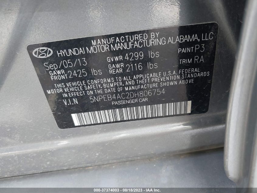 2013 HYUNDAI SONATA GLS PZEV - 5NPEB4AC2DH806754