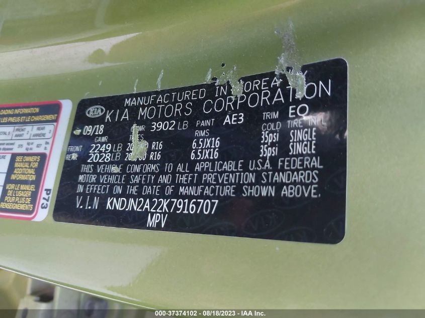 2019 KIA SOUL BASE - KNDJN2A22K7916707