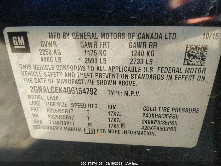 2016 CHEVROLET EQUINOX LT - 2GNALCEK4G6154792