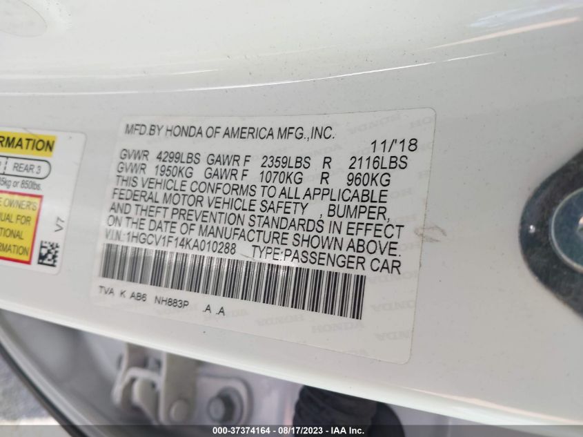 2019 HONDA ACCORD SEDAN LX 1.5T - 1HGCV1F14KA010288
