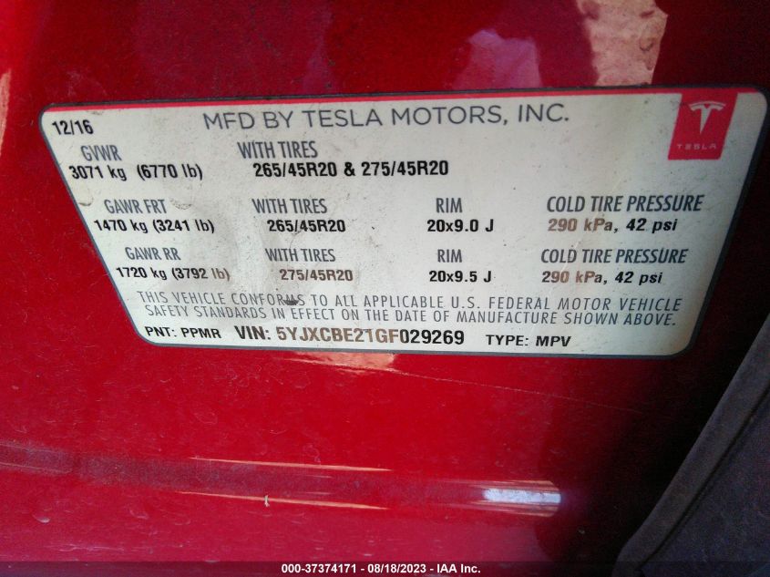 2016 TESLA MODEL X - 5YJXCBE21GF029269