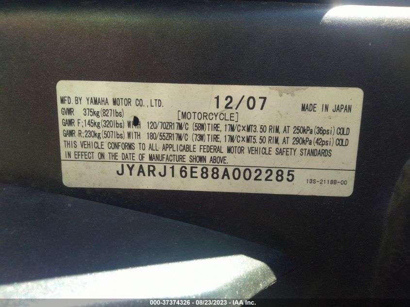 2008 YAMAHA YZFR6 JYARJ16E88A002285