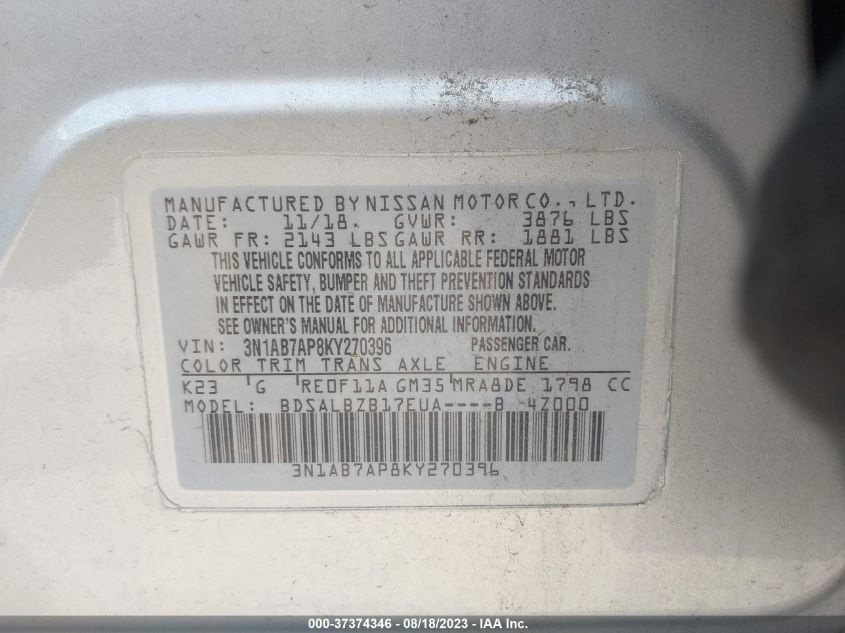 3N1AB7AP8KY270396 Nissan Sentra S 9