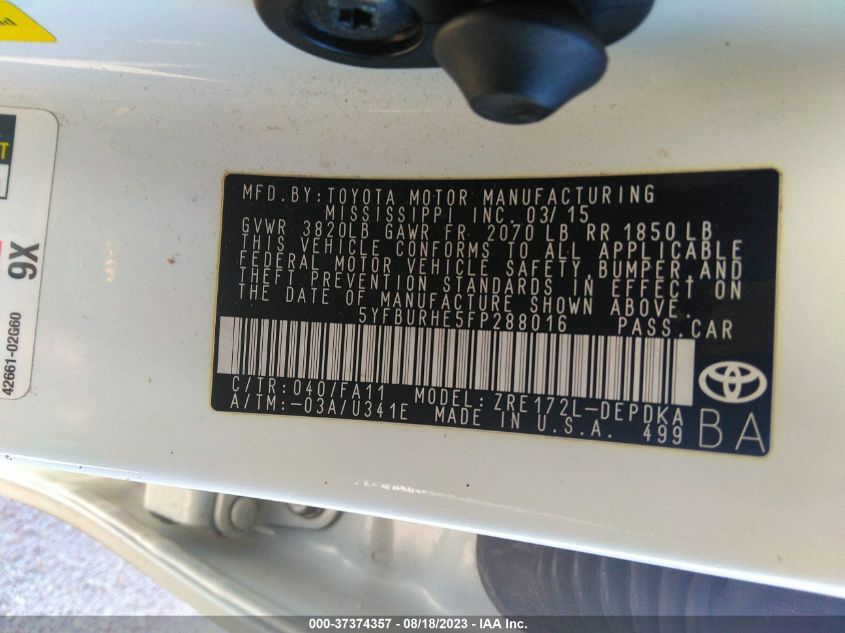 2015 TOYOTA COROLLA L/LE/S/S PLUS/LE PLUS - 5YFBURHE5FP288016