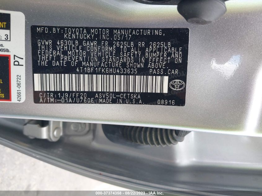 2017 TOYOTA CAMRY XLE/SE/LE/XSE - 4T1BF1FK6HU433635