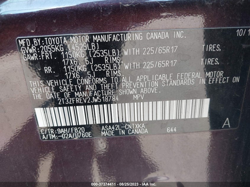 VIN 2T3ZFREV2JW518784 2018 TOYOTA RAV4 LE