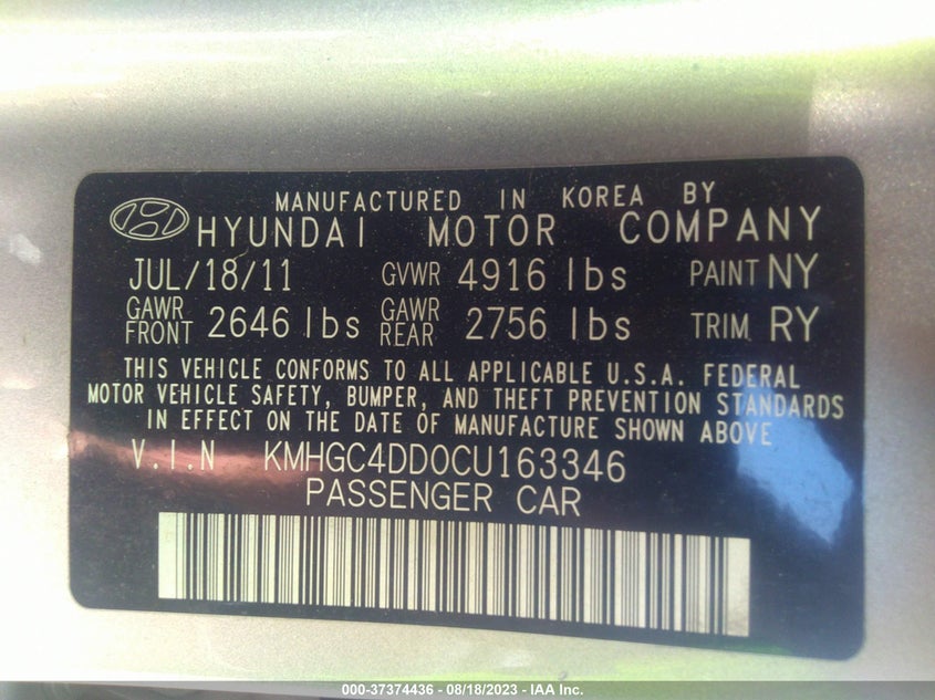 2012 HYUNDAI GENESIS VIN: KMHGC4DD0CU163346