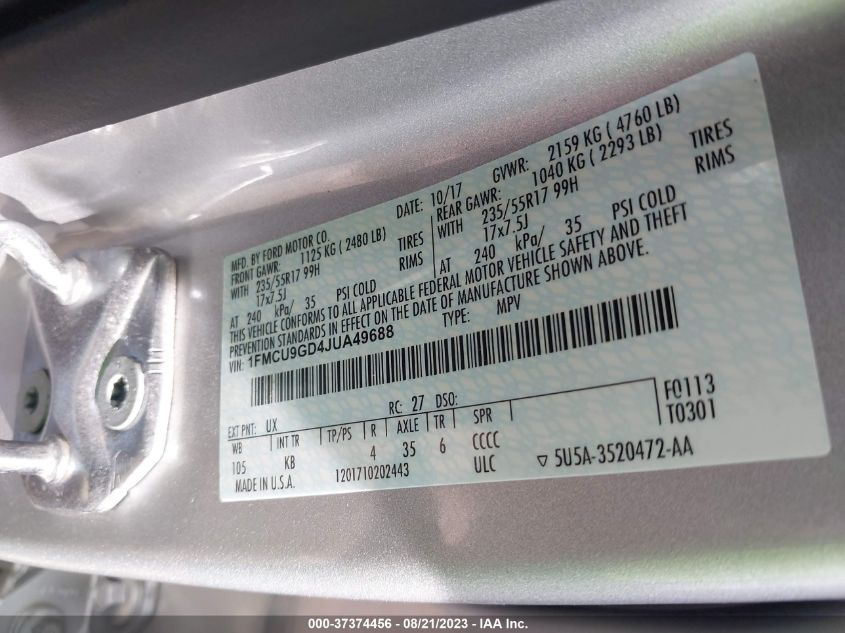 2018 FORD ESCAPE SE - 1FMCU9GD4JUA49688