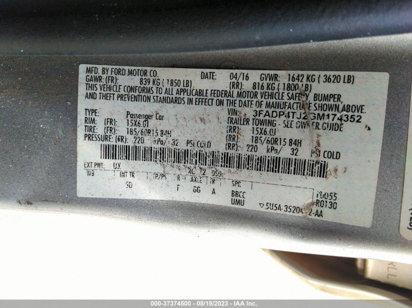 2016 FORD FIESTA S - 3FADP4TJ2GM174352
