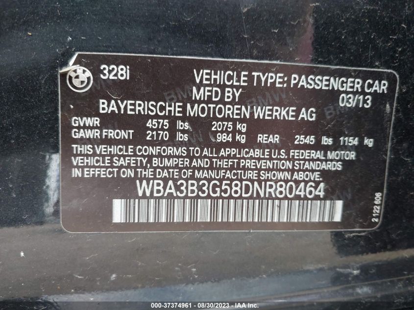 2013 BMW 3 SERIES 328I XDRIVE - WBA3B3G58DNR80464