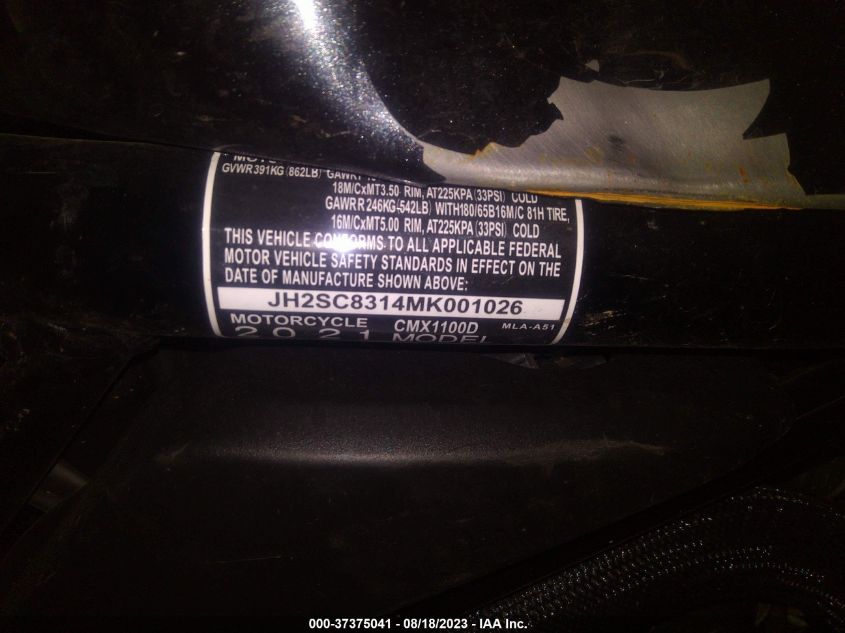 2021 HONDA CMX1100 D - JH2SC8314MK001026