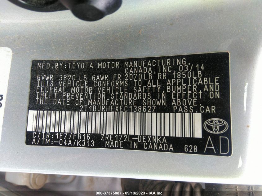 2014 TOYOTA COROLLA L/LE/S/S PLUS/LE PLUS - 2T1BURHEXEC138627