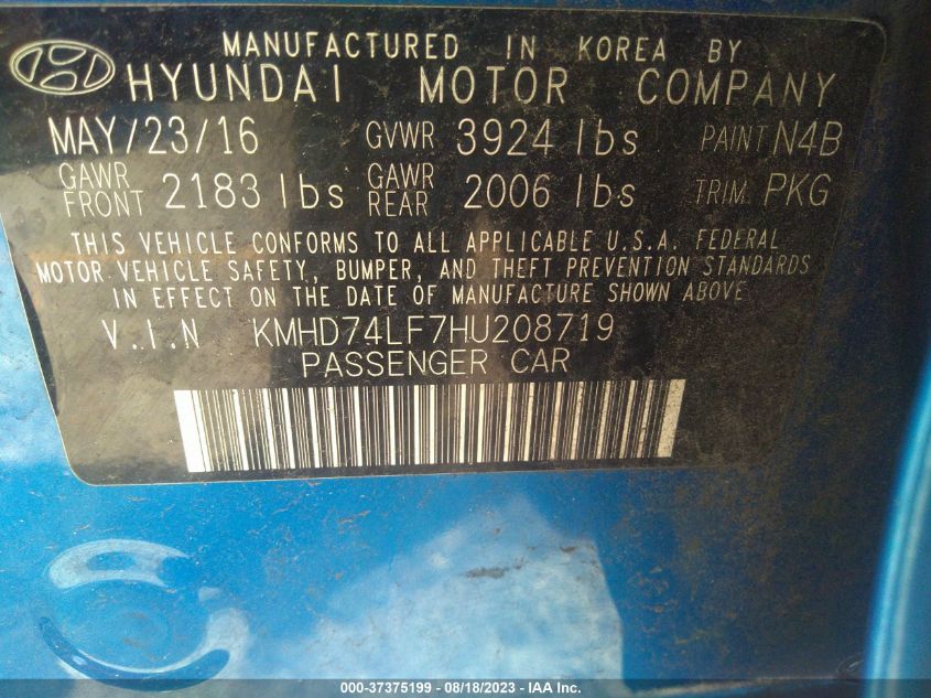 2017 HYUNDAI ELANTRA SE - KMHD74LF7HU208719