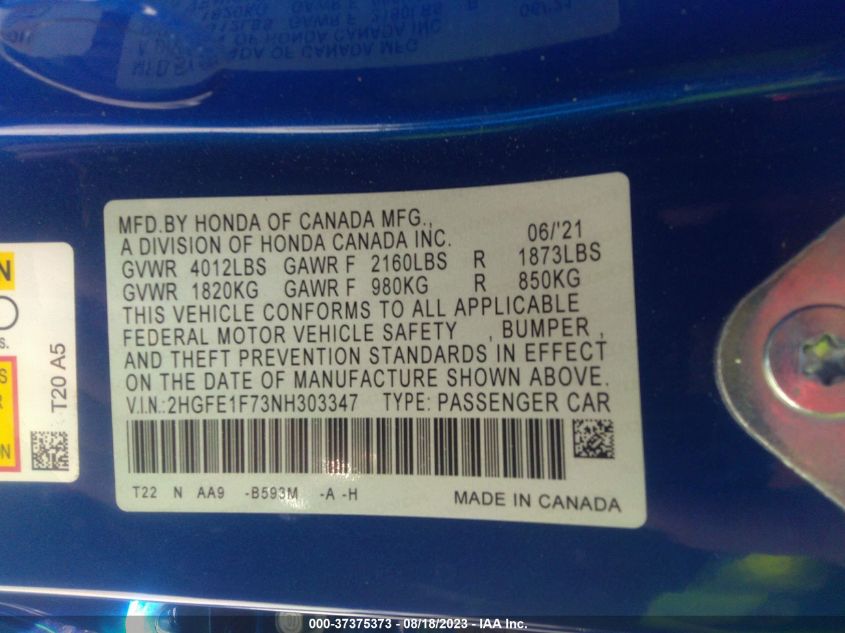 2022 HONDA CIVIC SEDAN EX - 2HGFE1F73NH303347