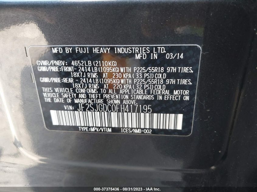 2015 SUBARU FORESTER 2.0XT PREMIUM - JF2SJGDC0FH417195