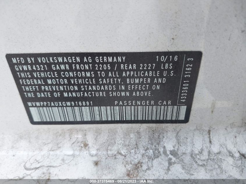 2016 VOLKSWAGEN E-GOLF SEL PREMIUM - WVWPP7AUXGW916891