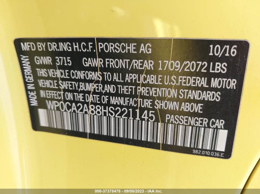 2017 PORSCHE 718 BOXSTER WP0CA2A88HS221145