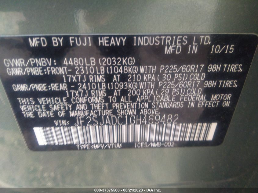 2016 SUBARU FORESTER 2.5I PREMIUM - JF2SJADC1GH469482