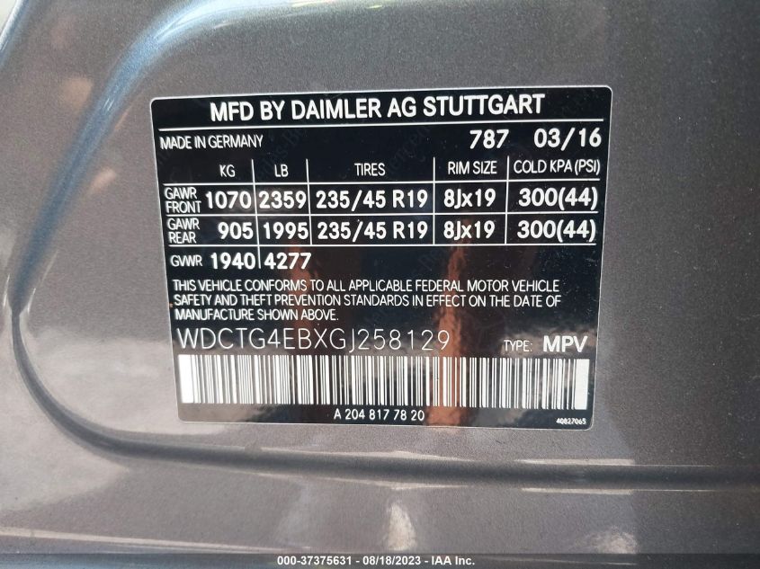 2016 MERCEDES-BENZ GLA 250 WDCTG4EBXGJ258129
