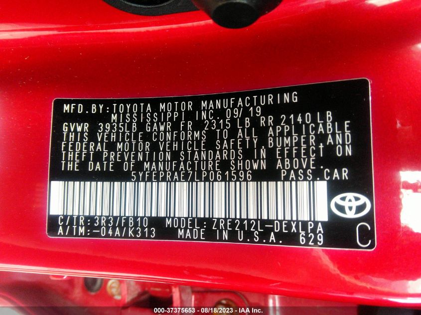 2020 TOYOTA COROLLA LE - 5YFEPRAE7LP061596