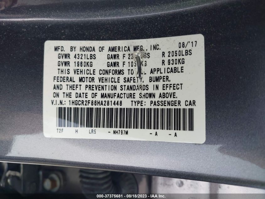 2017 HONDA ACCORD SEDAN EX-L - 1HGCR2F86HA281448