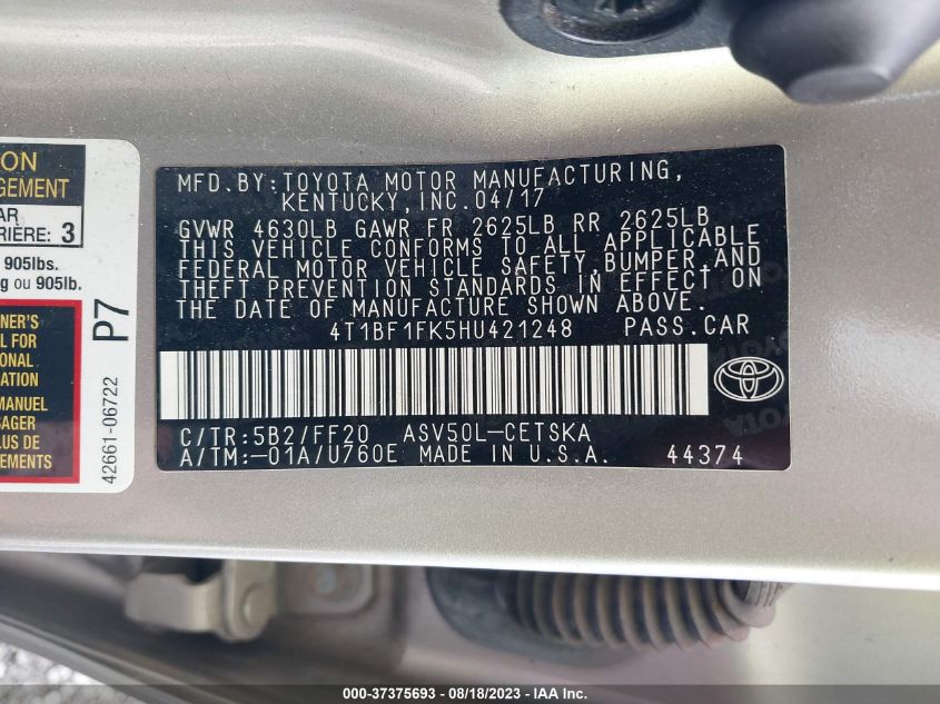 2017 TOYOTA CAMRY XLE/SE/LE/XSE - 4T1BF1FK5HU421248