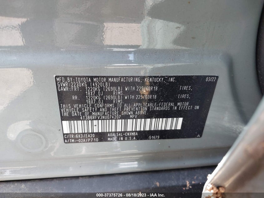 VIN 4T3B6RFV3NU074207 2022 TOYOTA RAV4 HYBRID XLE PREMIUM