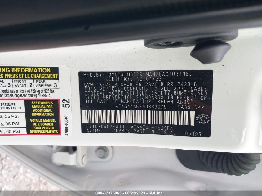2022 TOYOTA CAMRY SE/SE NIGHT SHADE - 4T1G11AK7NU663675