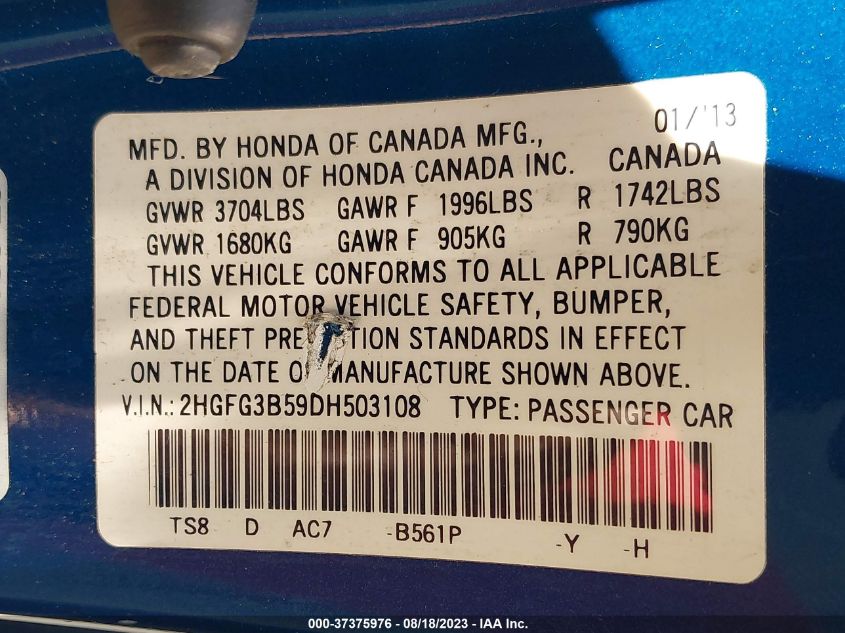 2013 HONDA CIVIC CPE LX - 2HGFG3B59DH503108