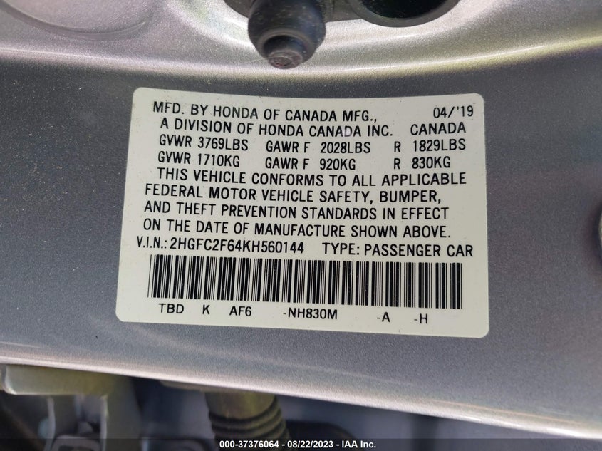 VIN 2HGFC2F64KH560144 2019 HONDA CIVIC SEDAN LX