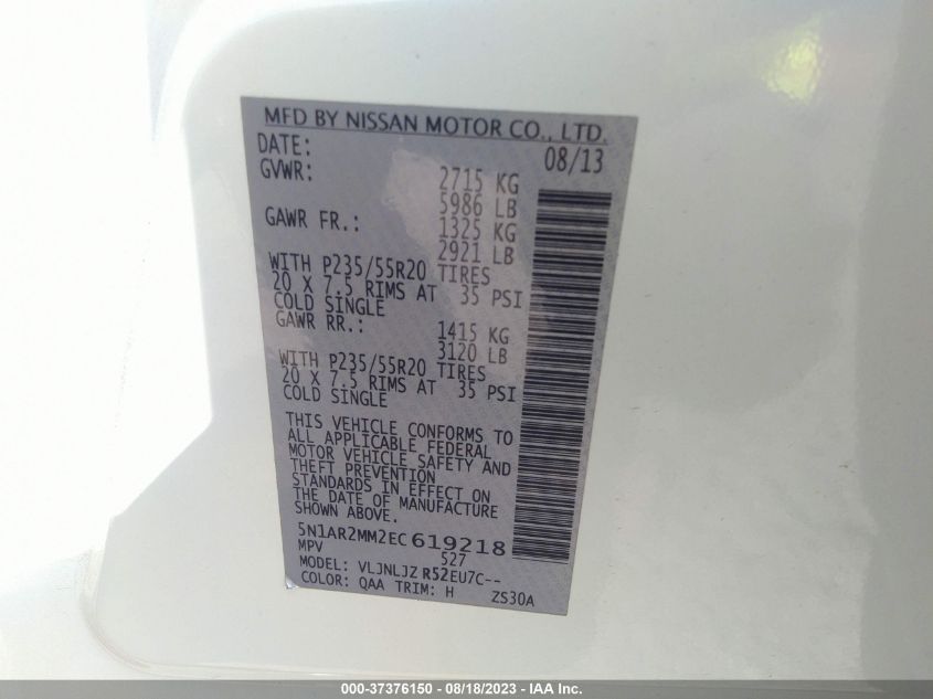 2014 NISSAN PATHFINDER PLATINUM - 5N1AR2MM2EC619218