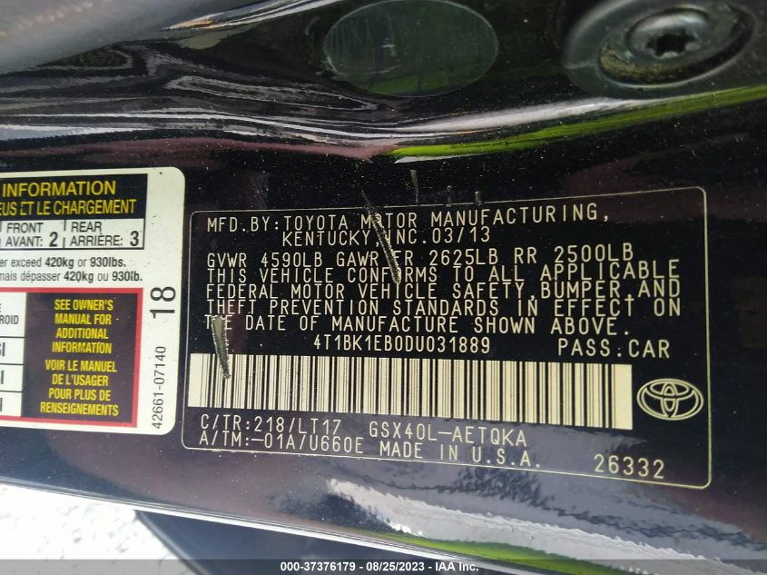 2013 TOYOTA AVALON XLE/LIMITED - 4T1BK1EB0DU031889