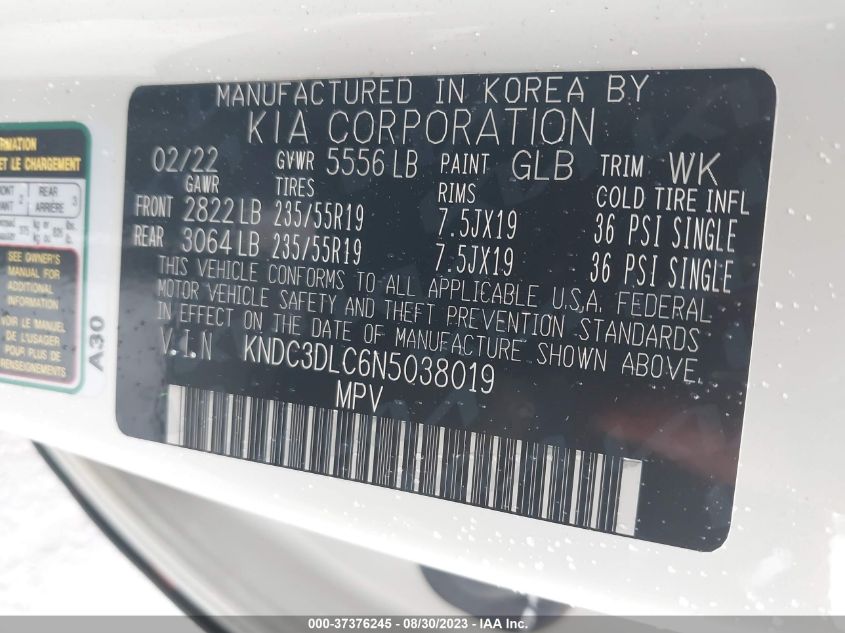 2022 KIA EV6 WIND KNDC3DLC6N5038019