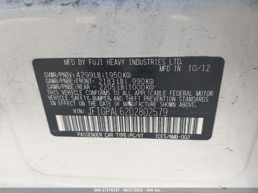 2013 SUBARU IMPREZA WAGON 2.0I SPORT PREMIUM - JF1GPAL62D2802579