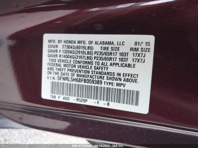 2015 HONDA ODYSSEY EXL - 5FNRL5H68FB059389