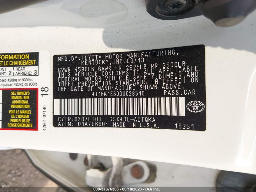 2013 TOYOTA AVALON XLE/LIMITED - 4T1BK1EB0DU028510