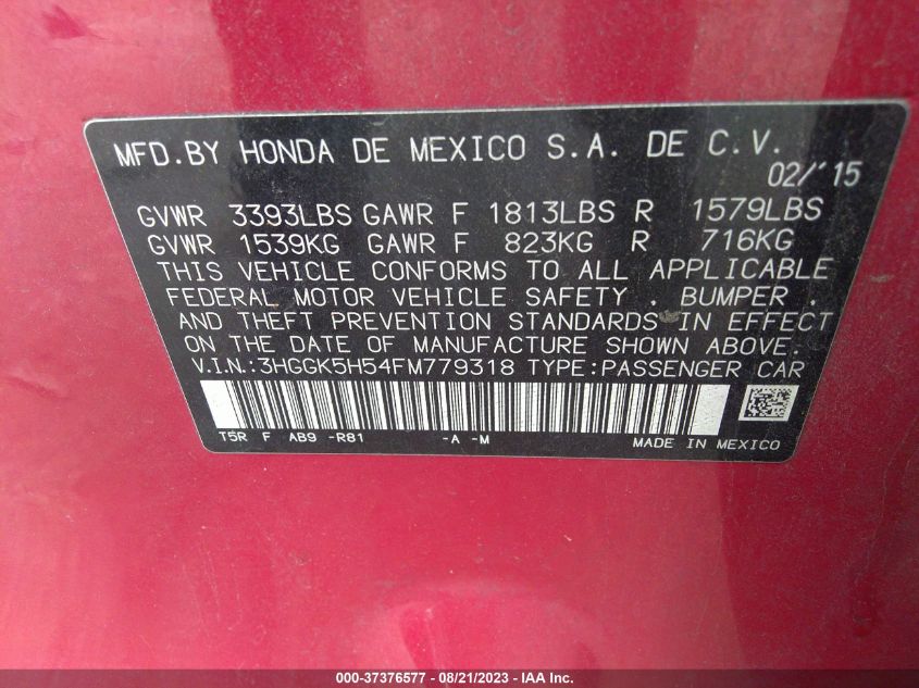 2015 HONDA FIT LX - 3HGGK5H54FM779318