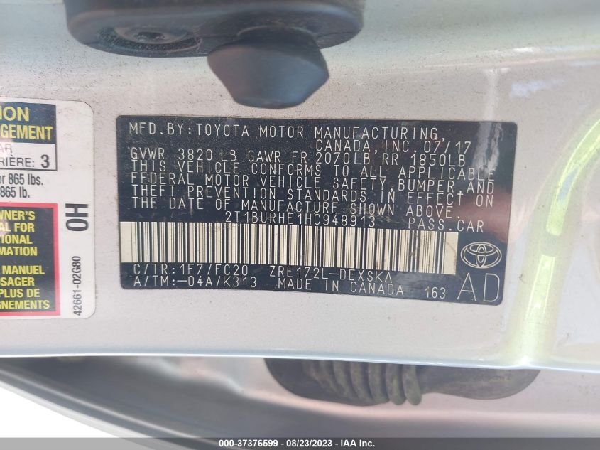 2017 TOYOTA COROLLA L/LE/XLE/SE - 2T1BURHE1HC948913