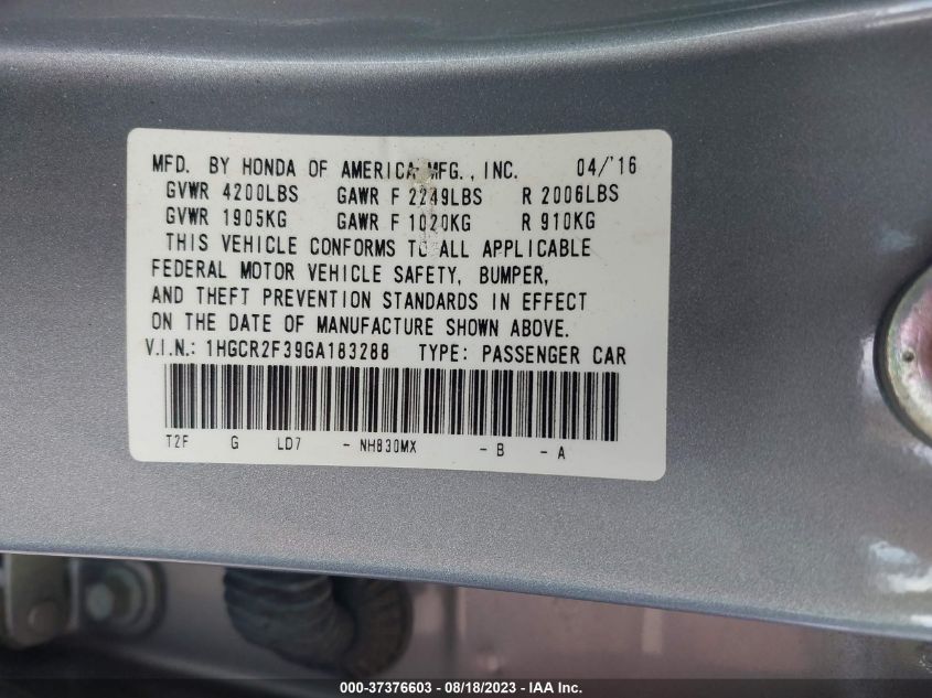2016 HONDA ACCORD SEDAN LX - 1HGCR2F39GA183288
