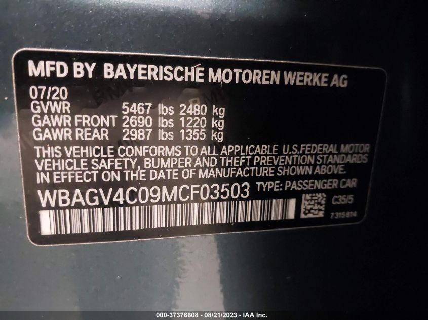 2021 BMW 8 SERIES 840I WBAGV4C09MCF03503