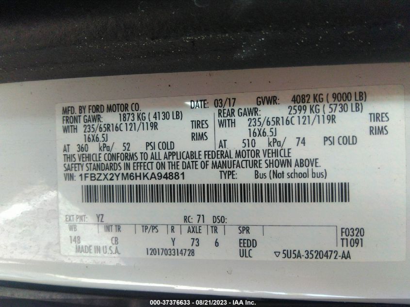 2017 FORD TRANSIT WAGON XL/XLT - 1FBZX2YM6HKA94881